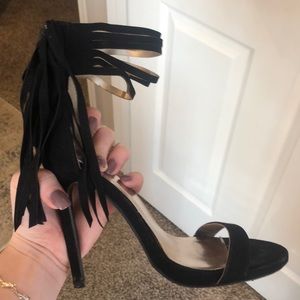 Black tassel open-toed stilettos
